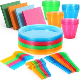Havawish 192 Pcs Neon Party Supplies Set Serves 32 Including 9 Inch Disposable Neon Plates and Spoons with Plastic Cups Knives Forks Glow in the Dark Tableware for Blacklight Birthday Party Supplies