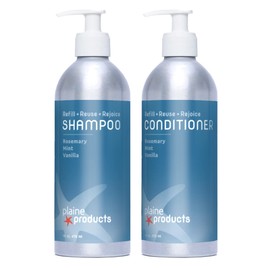 Plaine Products Eco-Friendly Shampoo and Conditioner - Rosemary, Mint, Vanilla - Sulfate Free, 16 oz (Refillable Bottles with Pumps)