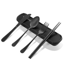 Travel Utensils with Case, Quatish Portable Silverware Set for Work, Stainless Steel Reusable Travel Cutlery Set, Fork and Spoon Set for Picnic, Camping, Gadgets, Lunch Box for Men, Black