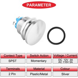 MKBKLLJY Pack of 3 19 mm Mushroom Head Push Button Switch IP65 Waterproof DC 12V 3A AC 110V 5A SPST with Curved Screw and Clamp Wires for Car Boat Truck 3 Colours (Red/Green/Silver)
