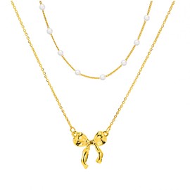 Layered Gold Necklace for Women Multilaye Gold Bow Necklace Pearl Necklace 14K Gold Plated Bow Necklaces Layered Choker Chain Necklace Cute Bow Pendant Trendy Necklaces for Women Gold Jewelry Gift. (Gold)