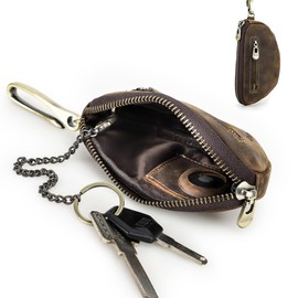 Contacts Brown Leather AirTag Key Holder with Keyring, Zipper, Classic Men's Key Organizer