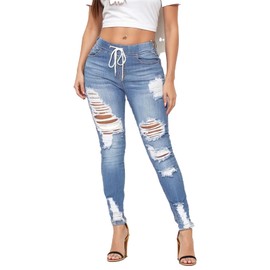 CME SHOWU High Waisted Skinny Ripped Jeans for Women Plus Size Drawstring Waist Denim Pants(Ripped Blue,M)