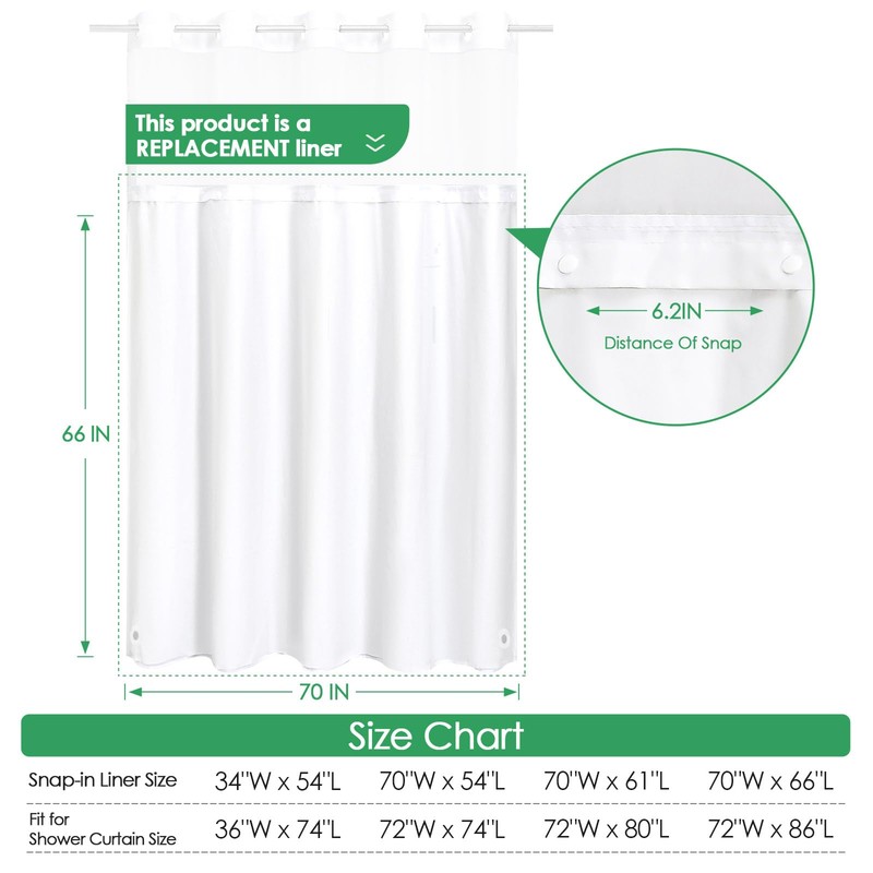 Gibelle White Snap in Shower Curtain Liner, Compatible with No