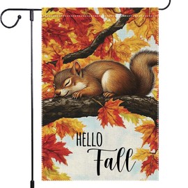 Hello Fall Garden Flag, Maple Tree Squirrel Garden Flags 12x18 Inch Double Sided Small Burlap Autumn Farmhouse Home Lawn Outside Thanksgiving Decoration