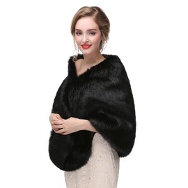 Anglacesmade Bridal Faux Fur Wrap Wedding Fur Stole with Brooch Evening Party Warm Shrug Cape (Black)