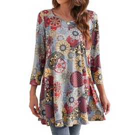 Enmain Womens Long Sleeve Tunic Top Ladie Longline Blouse Casual Floral Swing Dress Top Slouch Loose Comfortable Plus Size 3XL