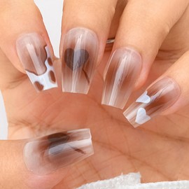 Sethexy Long Ballerina Press On Nails Brown Gradient Fake Nail Autumn Glossy False Nails for Women and Girls 24PCS (6)