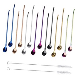 Aatpuss Pack of 14 Stainless Steel Drinking Straws, Straw Spoons, Long Straw Spoons, Colourful Straw Spoons, Suitable for Coffee, Milkshake, Juice, Milk
