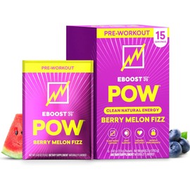 EBOOST POW Natural Pre Workout Powder - 15 Packets, Berry Melon Fizz - Preworkout Energy Booster Gym Supplement Drink Mix for Men and Women - Performance, Joint Mobility Support - Gluten-Free