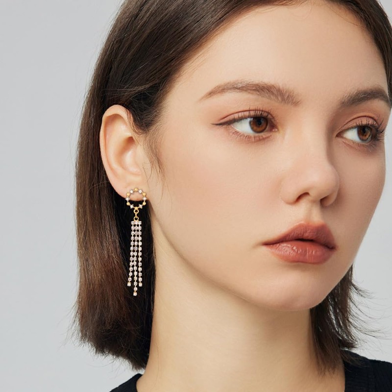 QKEPCY 4 Pairs Women's Long Tassel Cubic Zirconia Earrings Butterfly