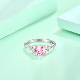 Blaniy Celtic Knot Ring 925 Sterling Silver Princess Cut Promise Engagement Ring Trinity Irish Ring Pink Tourmaline October Birthstone Jewelry Gifts for Women Size 7