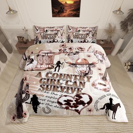 Western Cowgirl Comforter Set Twin Size,Cactus Highland Cow Fur Print Bedding Set,Southwest Inspirational Quotes Quilt Set for Kids Girls Boys Adult,Rustic Vintage Brown Duvet Insert 2Pcs