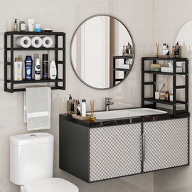 Galood Over The Toilet Storage Bathroom Shelves Wall Mounted 3 Tier Space Saver Corner Shelf Organizer Bamboo Towel Rack Toilet Paper Cabinet with Hanging Rod Black Sets