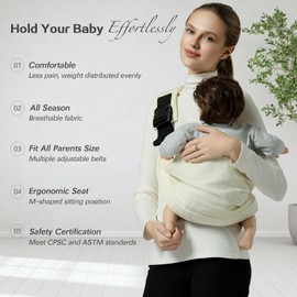 MISSWISDOM Baby Sling Carrier, Toddler Sling Carrier, Toddler Carrier Sling with Double Safety Buckle and Adjustable Shoulder Strap, Baby Carrier One Size Fits All, Beige