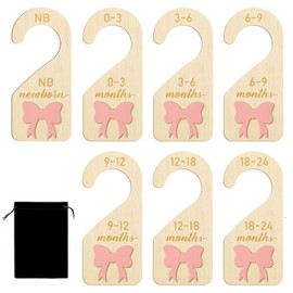 7Pcs Wooden Baby Wardrobe Dividers, 3D Coquette Pink Bow Baby Clothes Dividers from Newborn to 24 Month, Baby Age Hanger Dividers with Storage Bag for Newborn Boys Girls Gifts