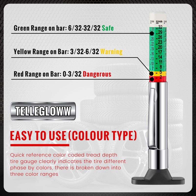 Tellegloww 50 Pcs Tire Tread Depth Gauge Color Coded Tyre