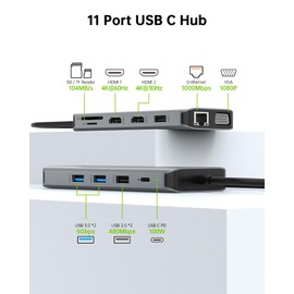 USB C Laptop Docking Station Dual Monitor HDMI for Dell HP 11 in 1 Type USB C Hub Triple Display Multiport Adapter Dongle to 2 HDMI 4K Ethernet 4 USB PD SD TF VGA for MacBook Lenovo Surface