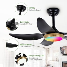 Liokoc Outdoor Ceiling Fan with Light - RGB Function and Dimmable LED via Remote & APP, 6-Speed Reversible DC Motor, Quiet Modern Design for Gazebo Pavilion Bedroom Living Room, 42 Inch Black Gold