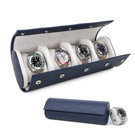 Contacts Saffiano Leather Watch Case 4 Slot Watch Travel Box for Men Watch Roll Organizer Women Watch Holder Watch Storage Bag (Blue)