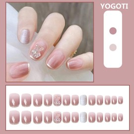 YOGOTI Nail Tip, Short, Gel Nail, Nail Seal, False Nails, Spring and Summer Nails, Round Tip, Cute, Glitter, Oval, Short 3D Nails, 24 Pieces, Nail Supplies, Double Sided Tape Included, Nail Art Tool Set (Pink Cat Eye Stone)
