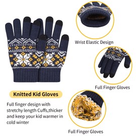 AOTOW Boys Hat Scarf and Gloves Set - Girls Kids Hat and Gloves Set 3pcs Winter Thermal Knitted Beanie Cap & Circle Scarf & Mittens with Fleece Lining for Children Warm 5-10 Years Old/Blue