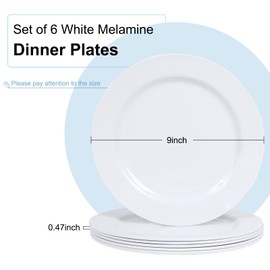Yinshine 9inch Melamine Dinner Plates,6 Piece White Melamine Plates set,Round Dishes sets for salad/dessert/bread/snack, Stackable,Sturdy,Dishwasher Safe,White