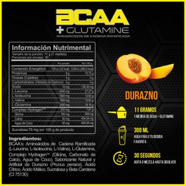 Forzagen | Aminoácidos BCAA + Glutamine | 8 g de BCAA 2:1:1 | 2 g de L-Glutamina | 30 Servicios | Sabor Durazno | Post-Intra Entrenamiento | Con Complejo de Hidratación Hydragen® | 330 g