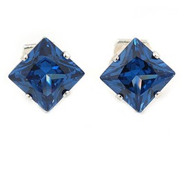 8mm/ Blue Cz Square Clip On Earrings/Silver Tone