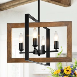 17" Farmhouse Real Wood Chandelier, No Assembly Required 4-Light Rustic Dining Room Light Fixture Over Table, Adjustable Hanging Chandelier for Kitchen Living Room Foyer Entryway