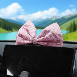 Blueshyhall Bow-Knot Car Steering Wheel Creative Bling Decoration, Cute Dashboard Center Console Screen Ornament with Adhesive Sticker, Pink