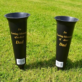Set of 2 Black In Loving Memory DAD Spiked Memorial Grave Flower Vases Graveside Memorial with flower holder inserts