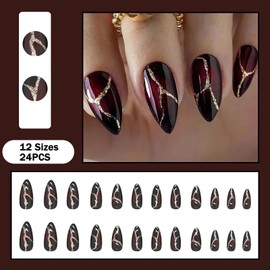 24Pcs French Press-On Almond Nails - Dark Red Glossy Acrylic Tips with Gold Shiny Designs, Stiletto Shape, Short Length - Full Cover False Nails for Women and Girls