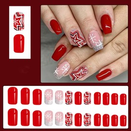 24Pcs Christmas Press on Nails Medium Square - ZIFANHU Red Fake Nails Press Ons Art Tips Glue on Nails Snowflake Colorful Stripe Design Full Cove Acrylic Glitter False Nails for Women Nails Art DIY