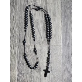 Black Hematite Stone Beads Rosary Necklace with Cross Stone