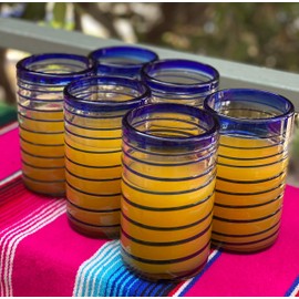 Hand Blown Mexican Drinking Glasses – Set of 6 Glasses with Cobalt Blue Spiral Design (14 oz each)