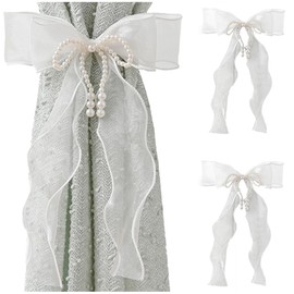 BlayaAdd 2 Pcs Bowknot Curtain Tiebacks, Butterfly Curtain Ties with Pearls, Sweet Bow Curtain Holdbacks Buckles for Home Decorative (White)