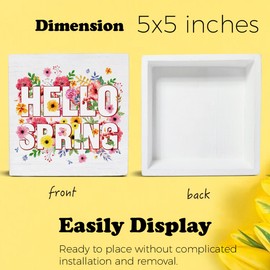 Spring Decor Hello Spring Flowers Wooden Sign, Farmhouse Home Desk Decorations Wood Plaque Block Sign Rustic Decor 5 x 5 Inches