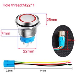 Gebildet 0.87 inch/22 mm Momentary Push Button Stainless Steel Button 12V-24V 5A LED 1NO1NC SPDT On/Off Waterproof with Cable Socket Plug (Red LED)