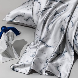 THXSILK Mulberry Silk Pillowcase with Tencel Underside for Hair and Skin, 1 Pcs Luxury 19 Momme Mulberry Silk Pillow Cases with Hidden Zipper Closure, Twin, Marble-Grey