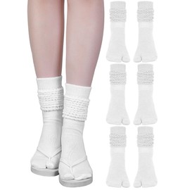 Fourluoo 3 Pairs Flip Flop Socks Slouch Scrunch Tabi Split Toe Japanese Long Knit Socks for Women(White,5-8)