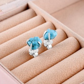 A+ Genuine Turquoise Gemstone - Natural Raw Crystal - Dainty Earrings Stud Pair, Birthstone, Gift for her, Energy Healing Crystals Jewelry in Rhodium Plating 925 Sterling Silver, Elegant Gift