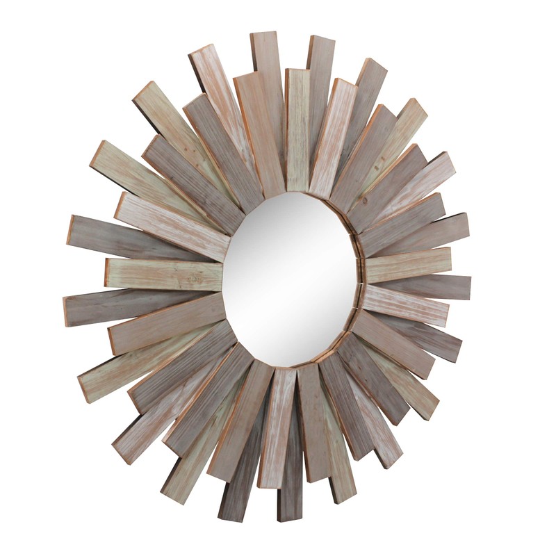 Stonebriar Large Round 32" Wooden Sunburst Wall Mirror with Attached