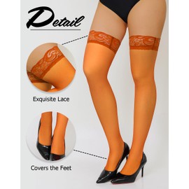Lysvihart Women Lace Top Thigh High Stockings Silicone Stay Up Silky Semi Sheer Pantyhose (Orange,M)