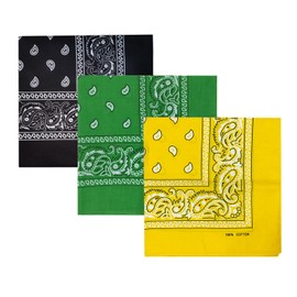 kakatrend Bandana, 100% Cotton, Men's Triangular Width, Adult, Paisley, Stylish, Handkerchief, Cotton, Bandana, Unisex, Set of 3, 21.7 x 21.7 inches (55 x 55 cm), D-Black Kelly Green