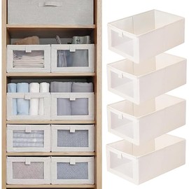 Linen Closet Organizers And Storage, 4 Pack Closet Storage Bins Linen Closet Baskets for Closet Organization Foldable Closet Organizer Bins with Clear Window For Organizing Clothing, Jeans, Shelves
