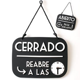 Abierto Cerrado Sign Vuelvo Enseguida with Suction Cup, Vintage Retro - Changeable Opening Times, with Time Display and Movable Hands (Black, Spanish)