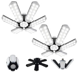 Upgrade LED Garage Lights, 150W Deformable Garage Light Ceiling LED Shop Light, 15000LM E26/E27 LED Garage Lighting With 6+1 Adjustable Panels Garage Bulb For Garage, Basement (2/4 Pack) - Color: White-2PCS