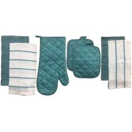 7-Piece Designed Kitchen Set, 100% Cotton, 2 Kitchen Towels, 1 Oven Mitt, 2 Pot Holders, 2 Dishcloths (Aqua)