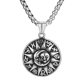 OIDEA Men's Necklace Medal Silver: Vintage Sun Moon 12 Constellations Pendant with Stainless Steel Wheat Chain Retro Chain Gift for Men Boys, Stainless Steel
